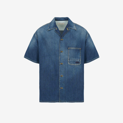 Shop Alexander Mcqueen Hawaiian Denim Shirt In Washed Blue