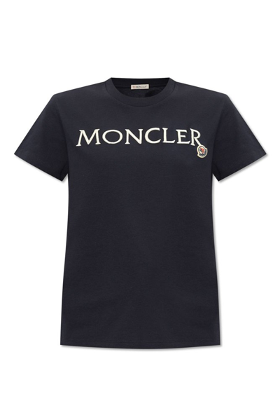 Shop Moncler Logo Embroidered Crewneck T In Navy
