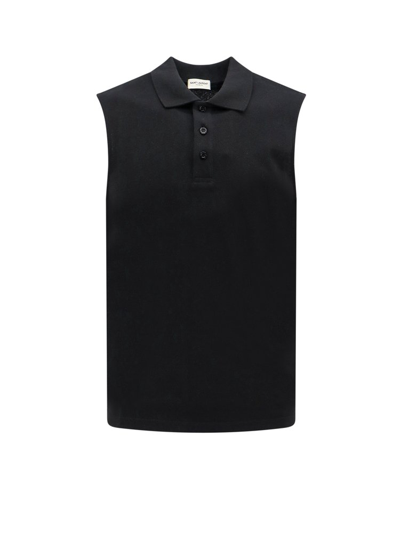 Shop Saint Laurent Cassandre Sleeveless Polo Shirt In Black