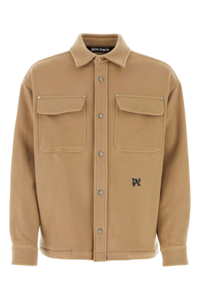 Shop Palm Angels Monogram Embroidered Patch Pocket Overshirt In Beige