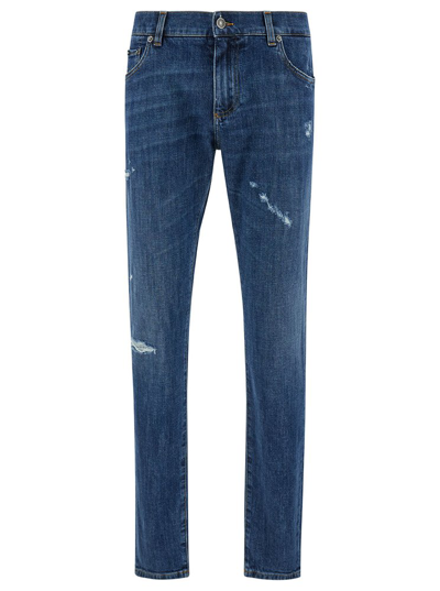 Shop Dolce & Gabbana Logo Plaque Distressed Skinny Jeans In Blue