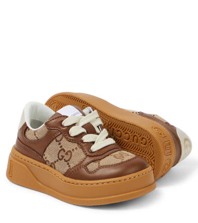 Gucci Kids Leather And Gg Canvas Platform Sneakers In Brown
