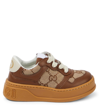 Gucci Kids Leather And Gg Canvas Platform Sneakers In Brown