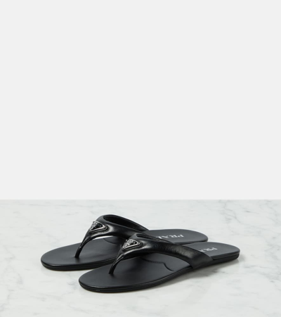 Prada Enamel-triangle Leather Flip Flops In Black