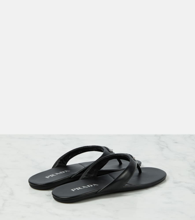 Prada Enamel-triangle Leather Flip Flops In Black