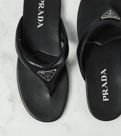 Prada Enamel-triangle Leather Flip Flops In Black