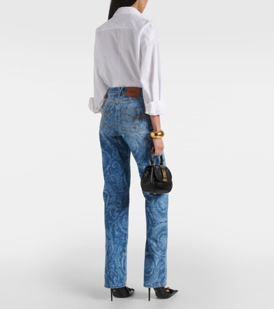 Shop Versace Barocco High-rise Straight Jeans In Blue