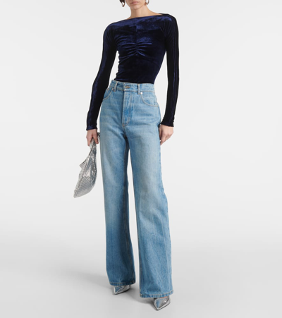Rabanne Ruched Off-shoulder Velvet Top In Blue