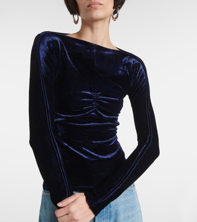Rabanne Ruched Off-shoulder Velvet Top In Blue
