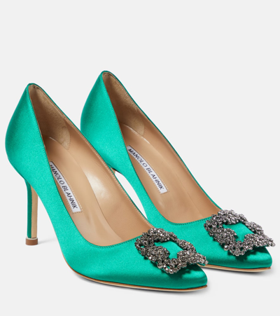 Shop Manolo Blahnik Hangisi Embellished Satin Pumps In Green