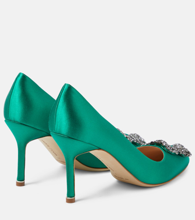 Shop Manolo Blahnik Hangisi Embellished Satin Pumps In Green