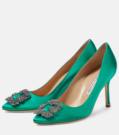 Shop Manolo Blahnik Hangisi Embellished Satin Pumps In Green