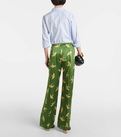 Shop Dries Van Noten Printed Silk Satin Wide-leg Pants In Green