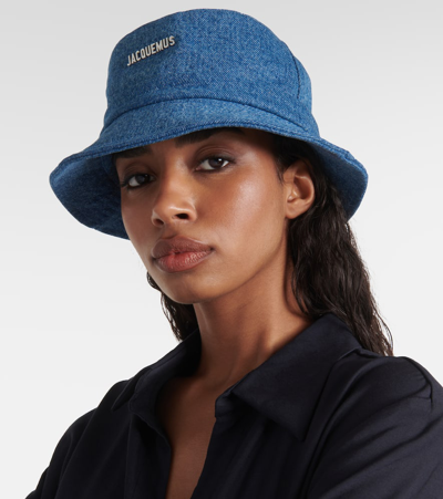 Shop Jacquemus Logo Denim Bucket Hat In Blue