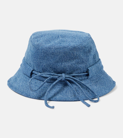 Shop Jacquemus Logo Denim Bucket Hat In Blue