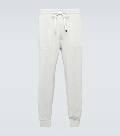 Shop Brunello Cucinelli Ribbed-knit Cotton Sweatpants In Grey