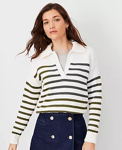 Shop Ann Taylor At Weekend Chunky Collared Sweater In Green/white Stripe