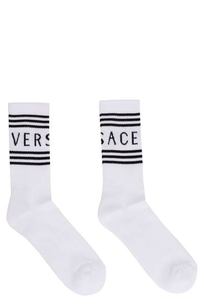 Shop Versace Logo Cotton Blend Socks In White