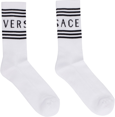 Shop Versace Logo Cotton Blend Socks In White
