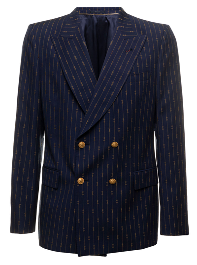 Shop Gucci Mans Blue Printed Wool Double-breasted Blazer