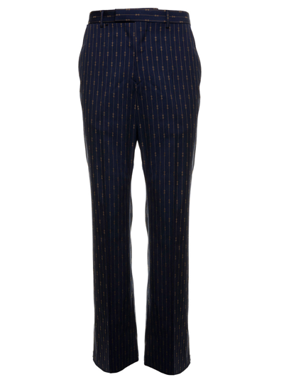 Shop Gucci Mans Blue Wool Tailored Pants With Allover Horsebit Motif
