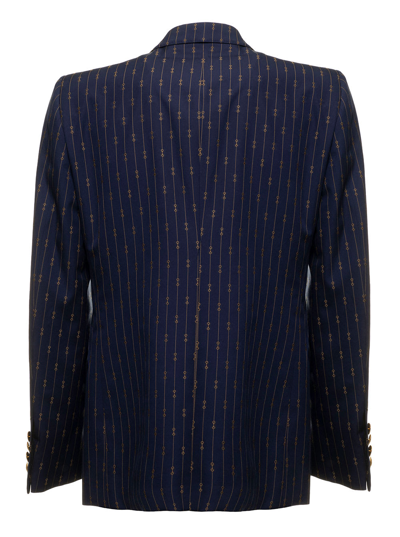 Shop Gucci Mans Blue Printed Wool Double-breasted Blazer