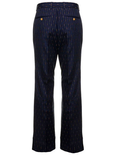 Shop Gucci Mans Blue Wool Tailored Pants With Allover Horsebit Motif