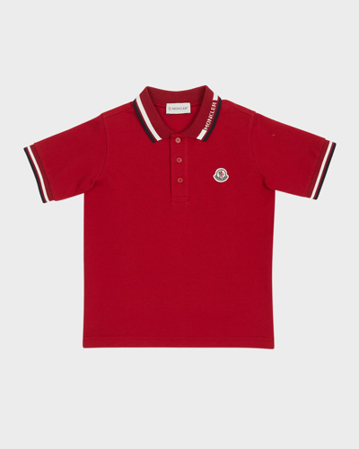 Shop Moncler Boy's Logo Embroidered Cotton Polo In Fire Red