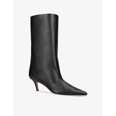 Shop Amina Muaddi Fiona Pointed-toe Leather Heeled Ankle Boots In Black