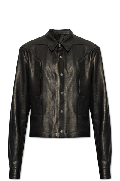 Shop Rick Owens Alice Strobe Snapped Leather Shirt Jacket In Black