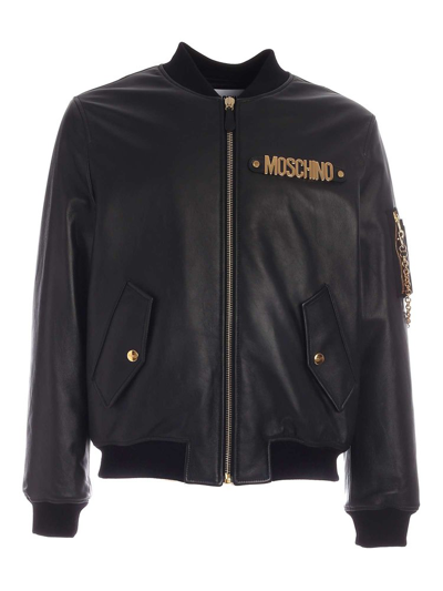 Shop Moschino Logo Plaque Zip In Black