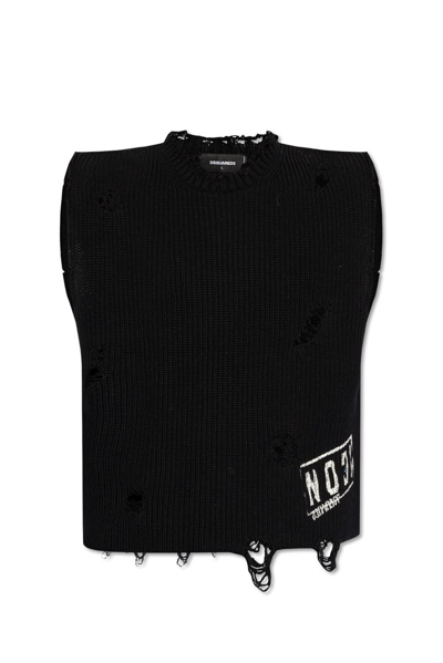 Shop Dsquared2 Distressed Crewneck Knitted Vest In Black
