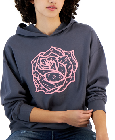 Shop Rebellious One Juniors' Hooded Rose Long-sleeve Sweatshirt In Turbulence