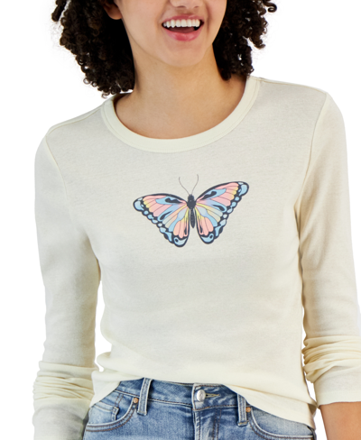 Shop Rebellious One Juniors' Long-sleeve Crewneck Butterfly Graphic T-shirt In Antique White