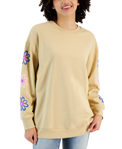 Shop Rebellious One Juniors' Floral Long-sleeve Crewneck Sweatshirt In Safari