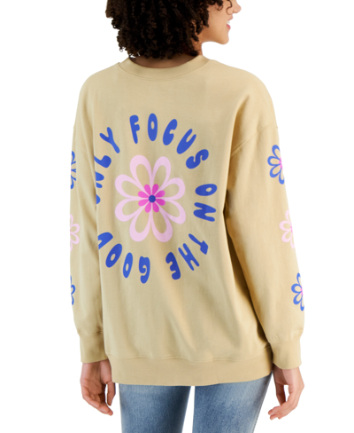Shop Rebellious One Juniors' Floral Long-sleeve Crewneck Sweatshirt In Safari