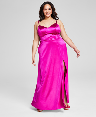 Shop City Studios Trendy Plus Size Strappy Rhinestone Lace-up-back Gown In Deep Orchid