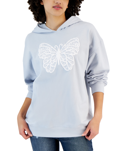 Shop Rebellious One Juniors' Long-sleeve Hooded Butterfly Sweatshirt In Xenon Blue