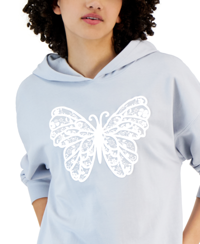 Shop Rebellious One Juniors' Long-sleeve Hooded Butterfly Sweatshirt In Xenon Blue