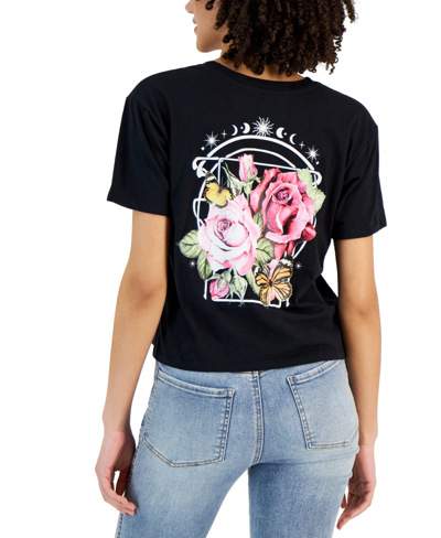 Shop Rebellious One Juniors' Short-sleeve Crewneck Rose Graphic T-shirt In Black