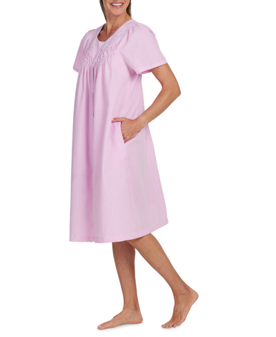 Shop Miss Elaine Plus Size Embroidered Short Grip Robe In Pink White Check