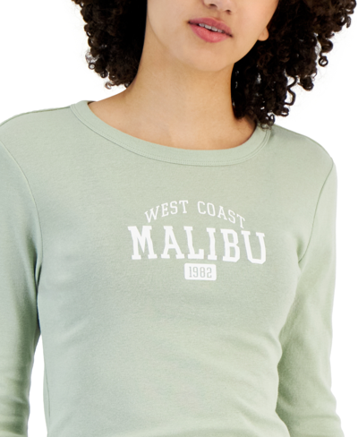 Shop Rebellious One Juniors' Long-sleeve Crewneck Malibu Graphic T-shirt In Desrt Sage