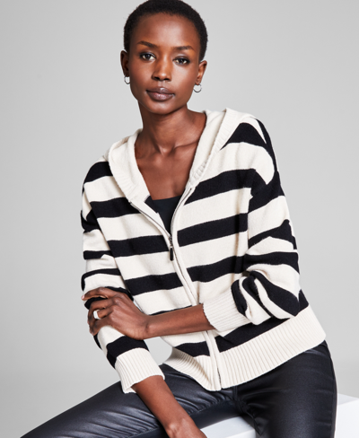 Shop And Now This Women's Full-zip Hoodie Sweater, Created For Macy's In Black  Bone Stripe