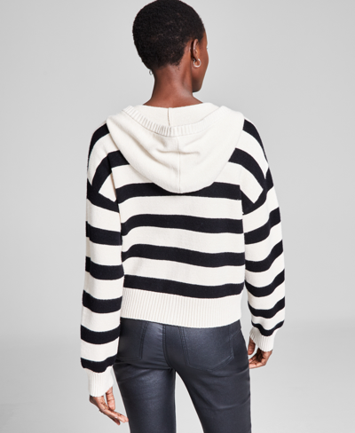 Shop And Now This Women's Full-zip Hoodie Sweater, Created For Macy's In Black  Bone Stripe