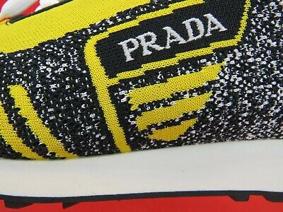 Pre-owned Prada 2eg272 Yellow Black Fabric Trainers Knit Logo Lace Up Sneakers 8 Us 9