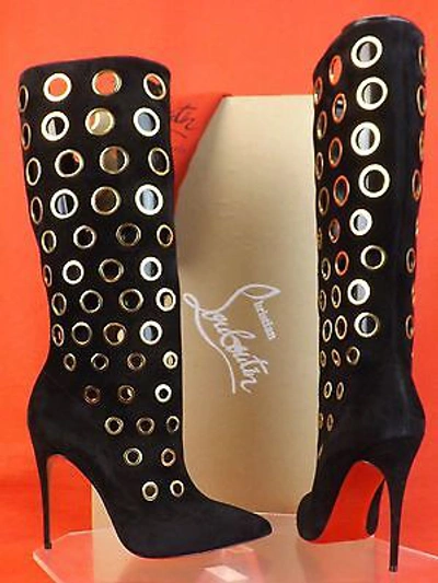Pre-owned Christian Louboutin Louboutin Apollo 100 Black Suede Gold Eyelets Embellished Boots 38.5 $3.5k