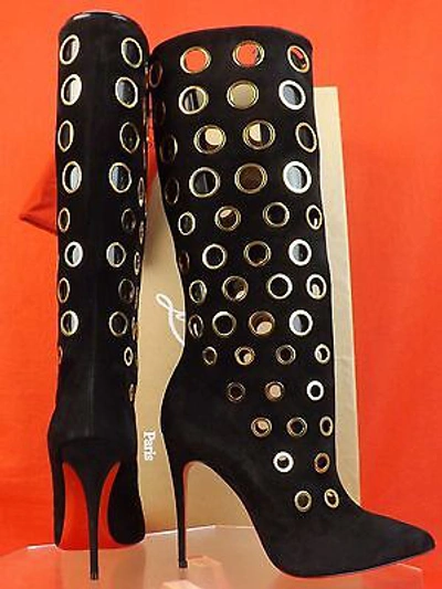 Pre-owned Christian Louboutin Louboutin Apollo 100 Black Suede Gold Eyelets Embellished Boots 38.5 $3.5k