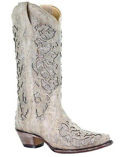 Pre-owned Corral Boots Corral Women's Glitter Inlay And Crystals Wedding Boot - Snip Toe White 6 1/2 W