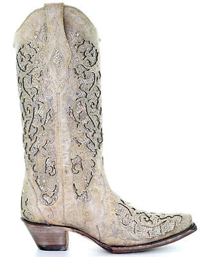 Pre-owned Corral Boots Corral Women's Glitter Inlay And Crystals Wedding Boot - Snip Toe White 6 1/2 W