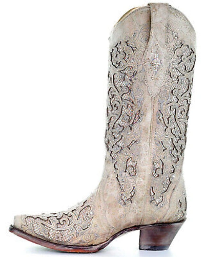 Pre-owned Corral Boots Corral Women's Glitter Inlay And Crystals Wedding Boot - Snip Toe White 6 1/2 W